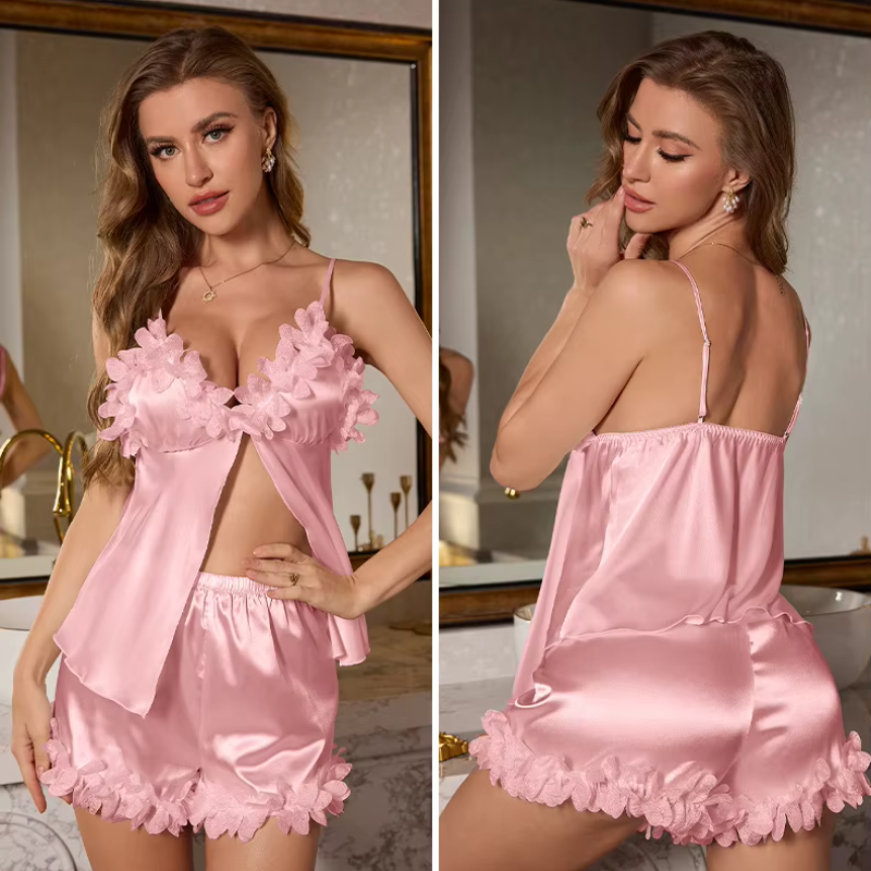 Patchwork Lace Strap Top Shorts Nightwear  Pajamas Suit