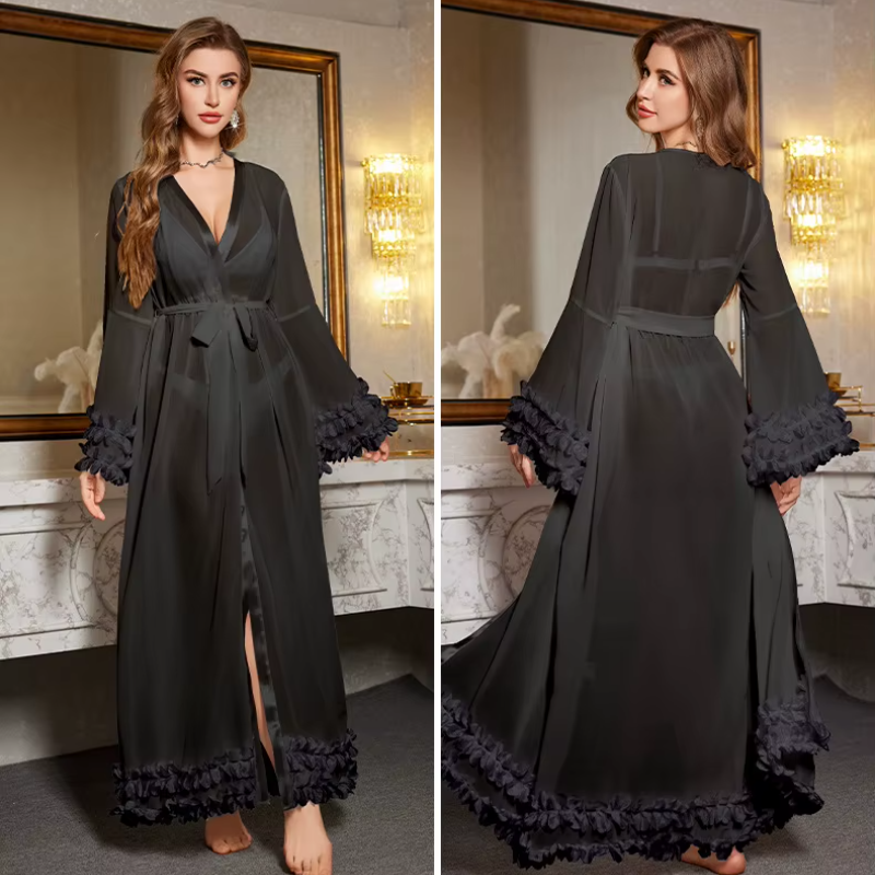 Bridesmaid Wedding Robe Long Dress White Lace Perspective Sleepwear