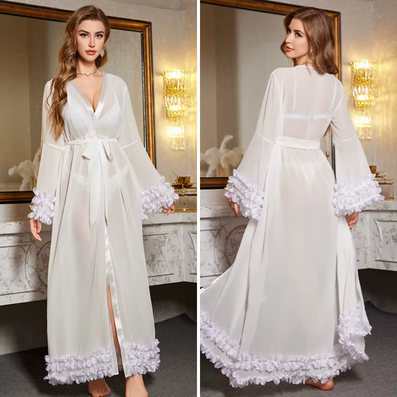 Bridesmaid Wedding Robe Long Dress White Lace Perspective Sleepwear