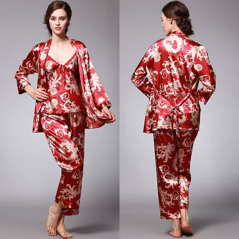 Silk Satin Pajamas Set with Robe and Pant Floral Silky Sleepwear