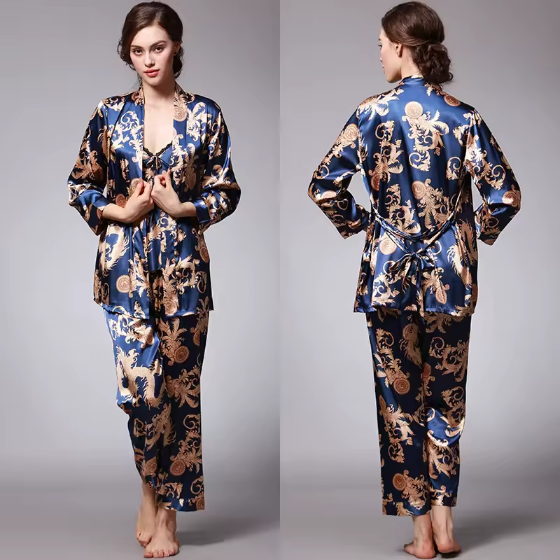 Silk Satin Pajamas Set with Robe and Pant Floral Silky Sleepwear