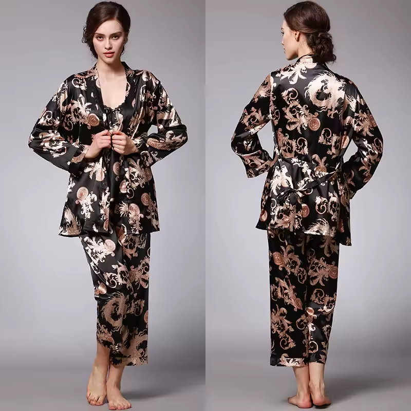 Silk Satin Pajamas Set with Robe and Pant Floral Silky Sleepwear