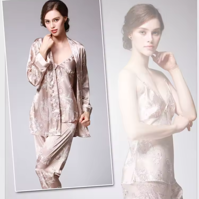 Silk Satin Pajamas Set with Robe and Pant Floral Silky Sleepwear