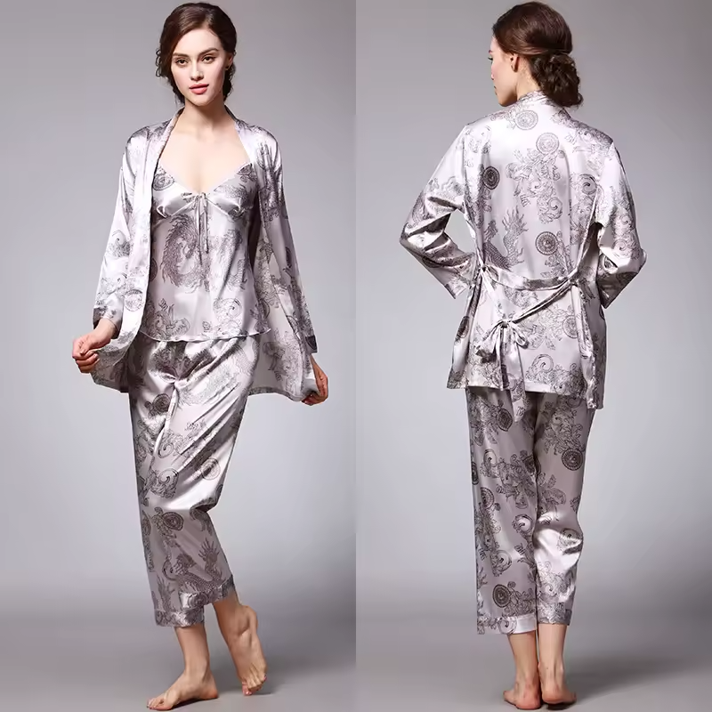 Silk Satin Pajamas Set with Robe and Pant Floral Silky Sleepwear