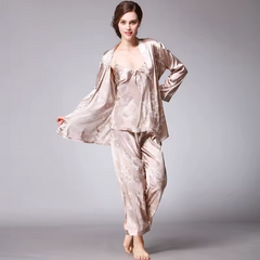 Silk Satin Pajamas Set with Robe and Pant Floral Silky Sleepwear