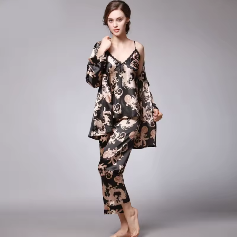 Silk Satin Pajamas Set with Robe and Pant Floral Silky Sleepwear