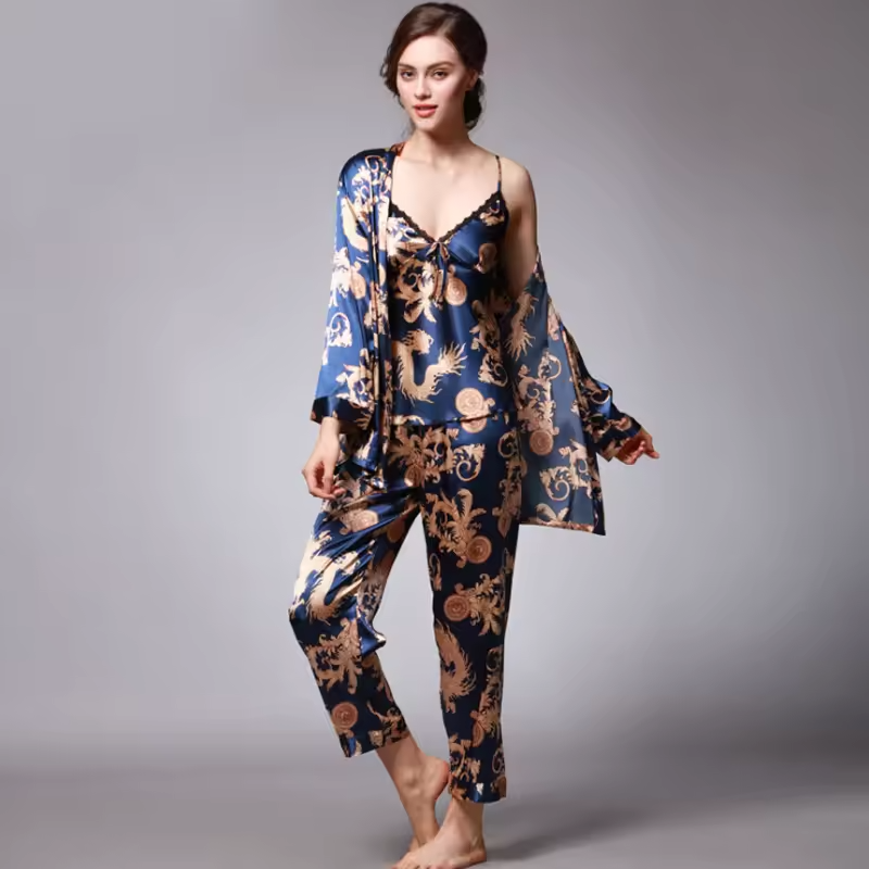 Silk Satin Pajamas Set with Robe and Pant Floral Silky Sleepwear