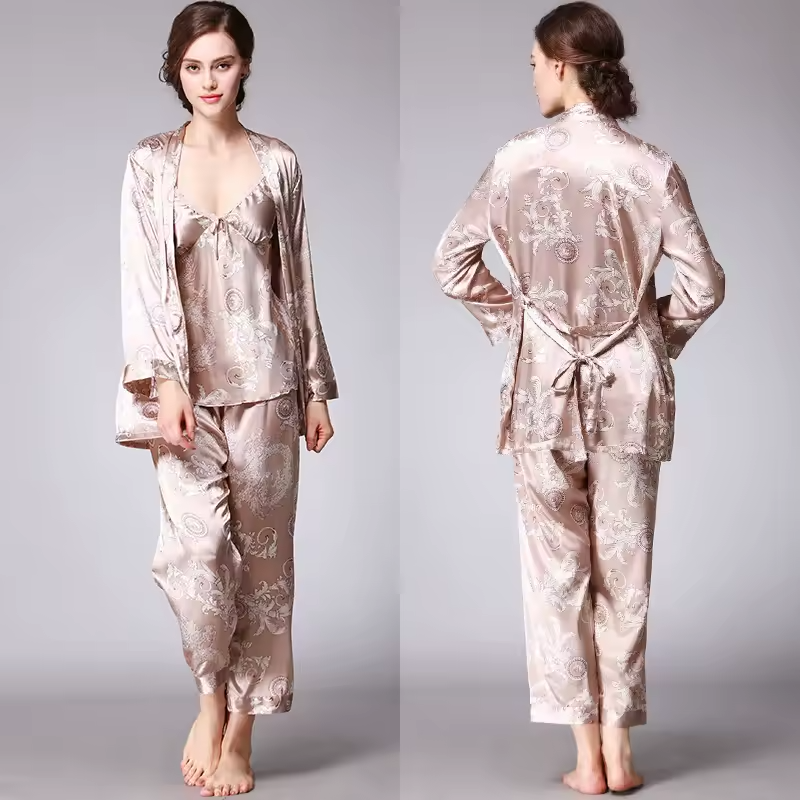 Silk Satin Pajamas Set with Robe and Pant Floral Silky Sleepwear