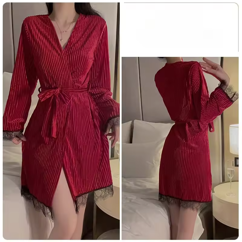 Suspender Simple Lace-up Robe Nightgown Underwear Pajamas Set