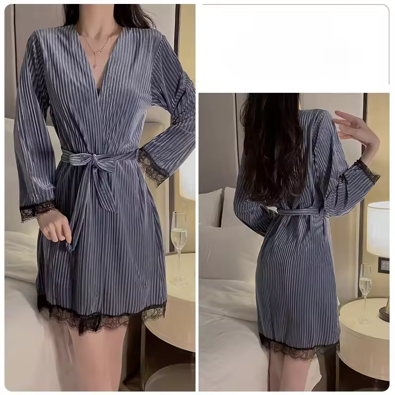 Suspender Simple Lace-up Robe Nightgown Underwear Pajamas Set