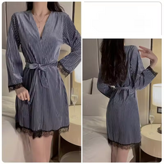 Suspender Simple Lace-up Robe Nightgown Underwear Pajamas Set