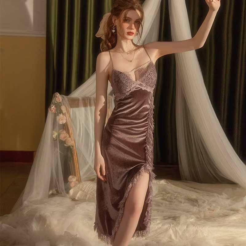Lace Trim Suspender Velvet Loose Home Dress Long Wear Nightgown