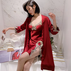 Long Sleeve V-Neck Sleep Nighty Robe Wear Pajamas Suit Set