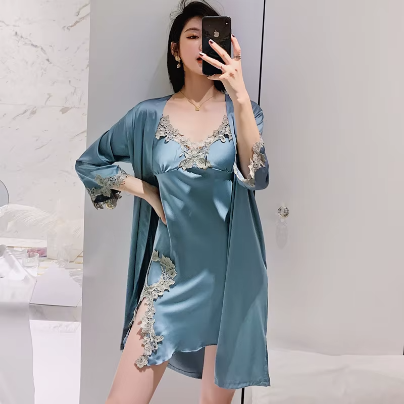 Long Sleeve V-Neck Sleep Nighty Robe Wear Pajamas Suit Set