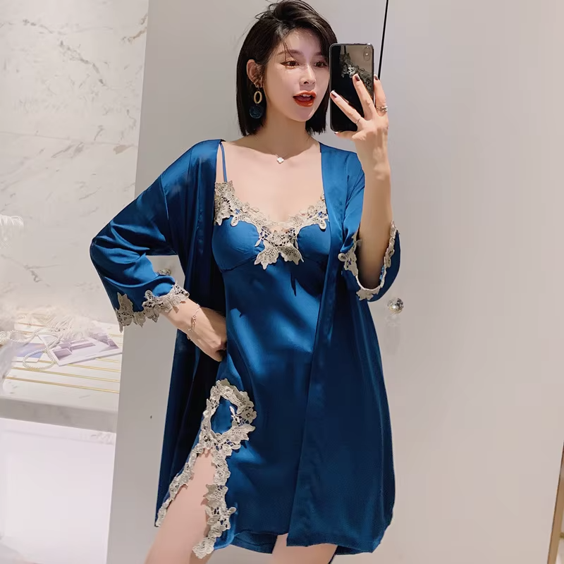 Long Sleeve V-Neck Sleep Nighty Robe Wear Pajamas Suit Set