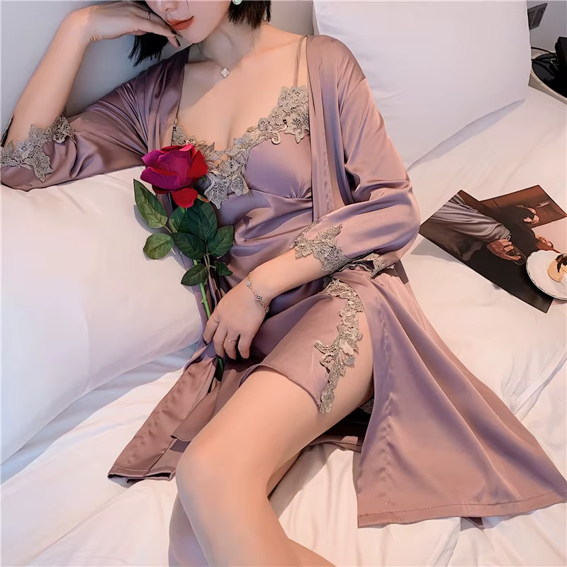 Long Sleeve V-Neck Sleep Nighty Robe Wear Pajamas Suit Set
