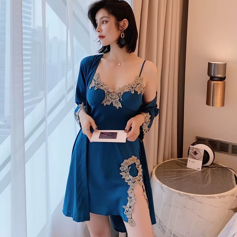 Long Sleeve V-Neck Sleep Nighty Robe Wear Pajamas Suit Set