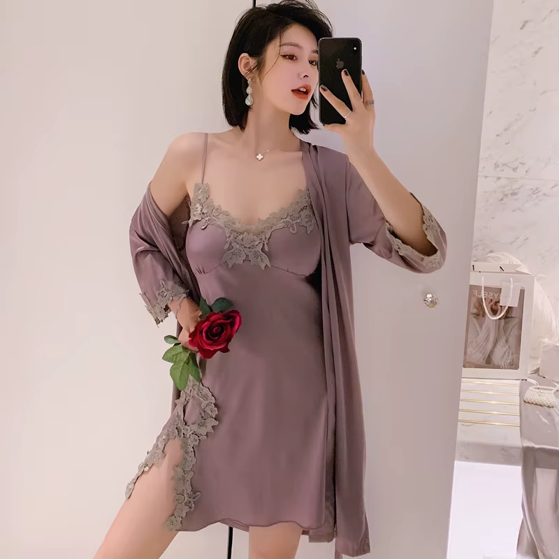 Long Sleeve V-Neck Sleep Nighty Robe Wear Pajamas Suit Set
