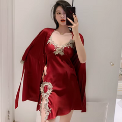 Long Sleeve V-Neck Sleep Nighty Robe Wear Pajamas Suit Set