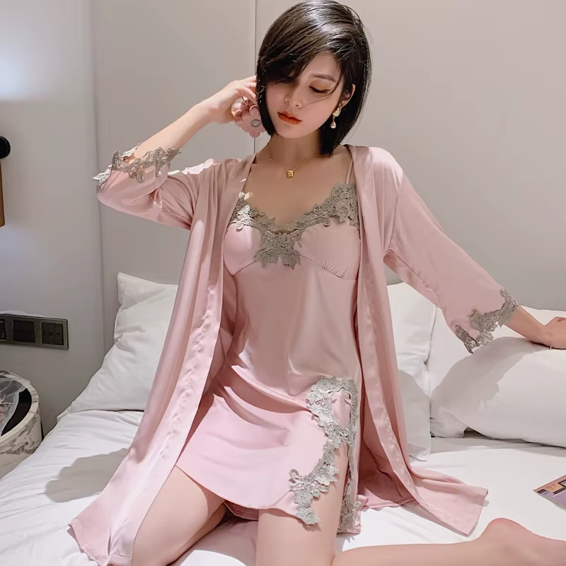 Long Sleeve V-Neck Sleep Nighty Robe Wear Pajamas Suit Set