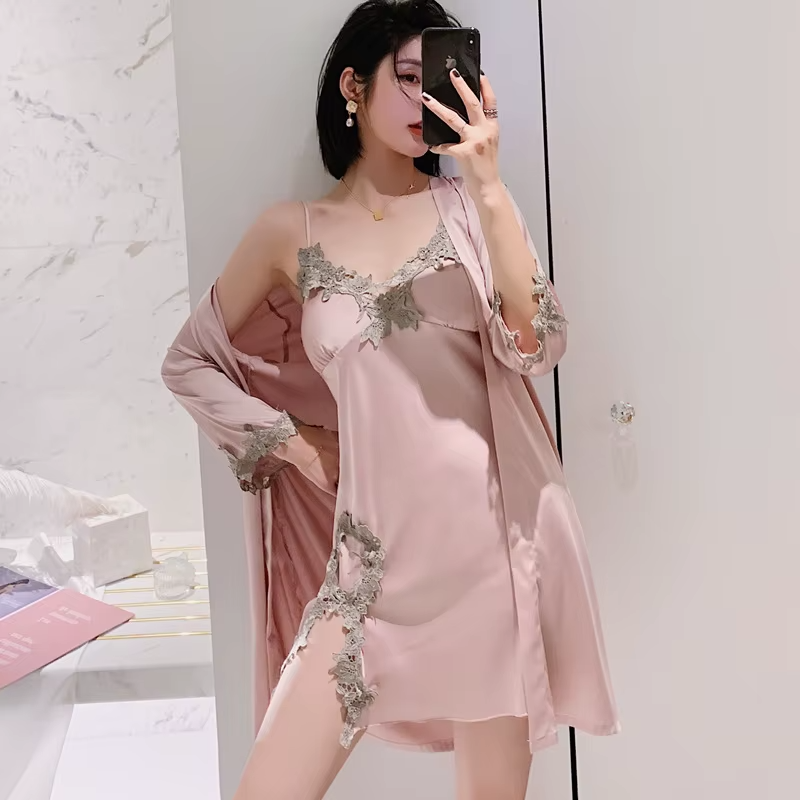 Long Sleeve V-Neck Sleep Nighty Robe Wear Pajamas Suit Set