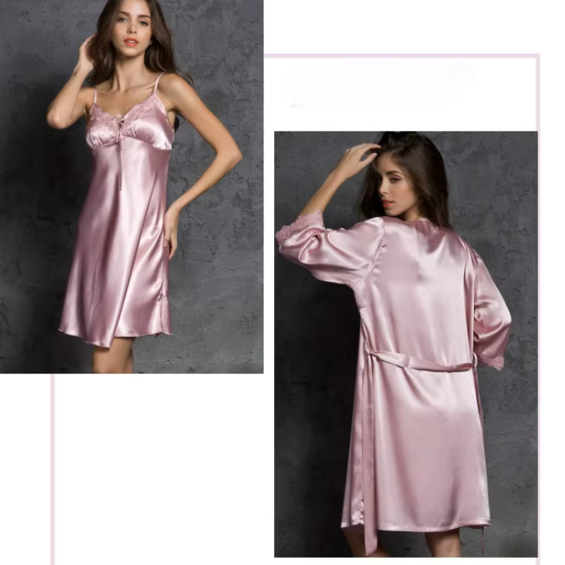 High Quality Three Quarter Sleeve V-neck Two Pieces Silk Robes Set