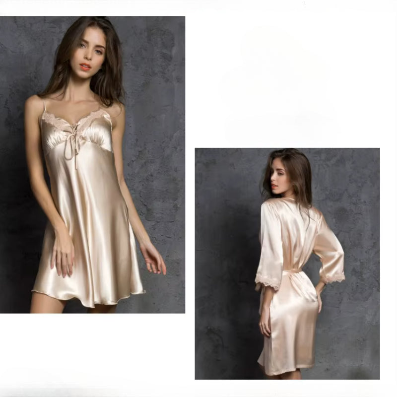 High Quality Three Quarter Sleeve V-neck Two Pieces Silk Robes Set
