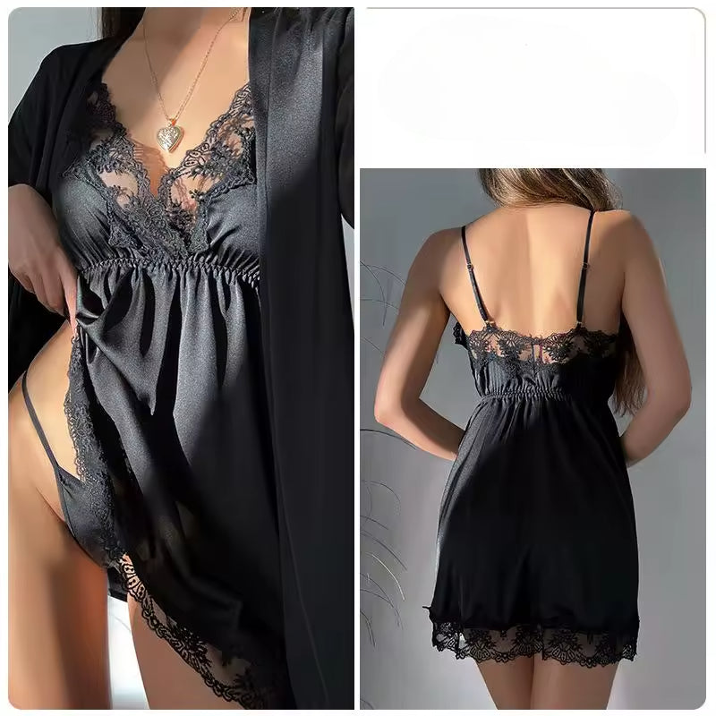 Lace Robe Suit Sleepwear Nightgown Loungewear Rayon Nightdress