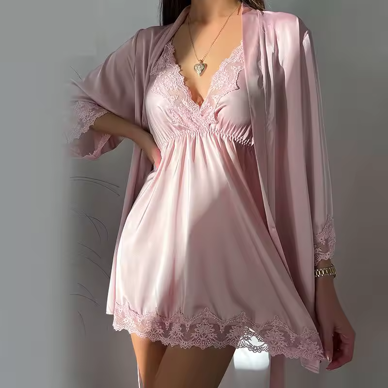 Lace Robe Suit Sleepwear Nightgown Loungewear Rayon Nightdress