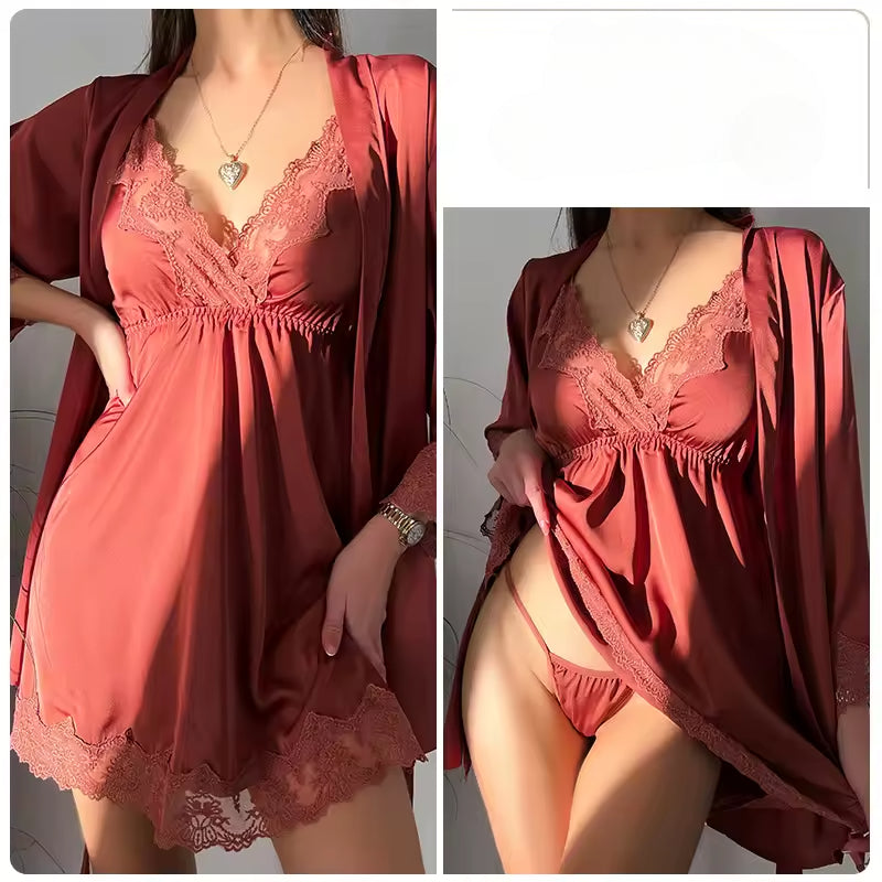 Lace Robe Suit Sleepwear Nightgown Loungewear Rayon Nightdress