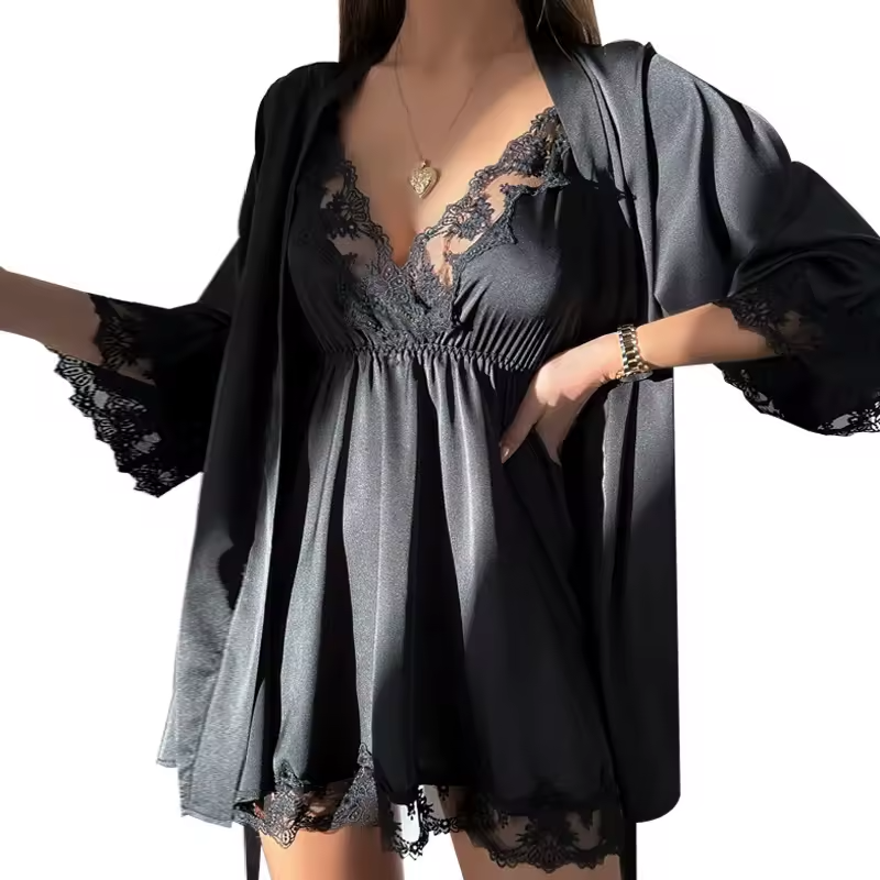 Lace Robe Suit Sleepwear Nightgown Loungewear Rayon Nightdress