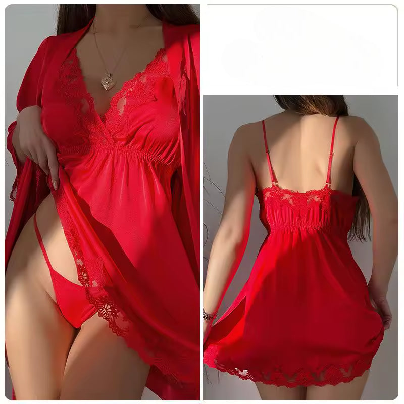Lace Robe Suit Sleepwear Nightgown Loungewear Rayon Nightdress