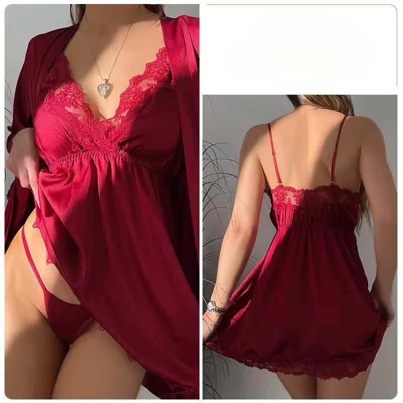 Lace Robe Suit Sleepwear Nightgown Loungewear Rayon Nightdress