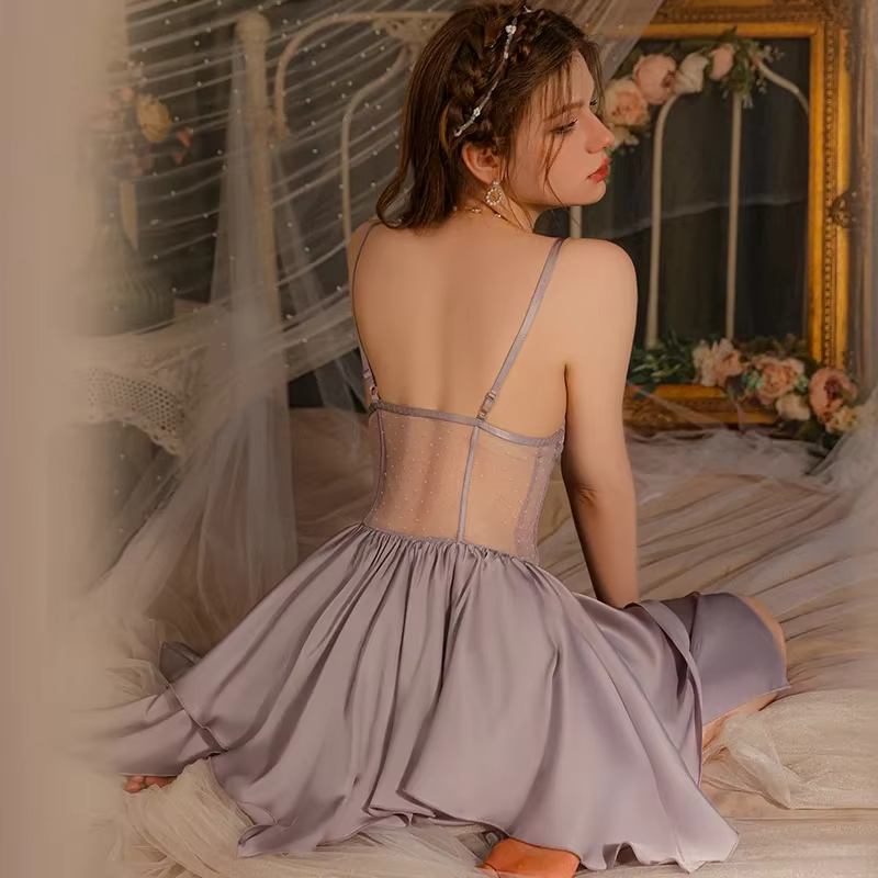Satin Mini Night Dress Lower Back Nightgowns Set