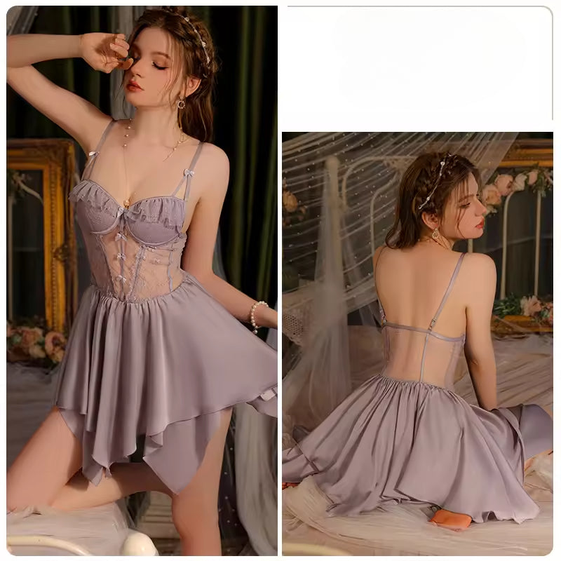 Satin Mini Night Dress Lower Back Nightgowns Set