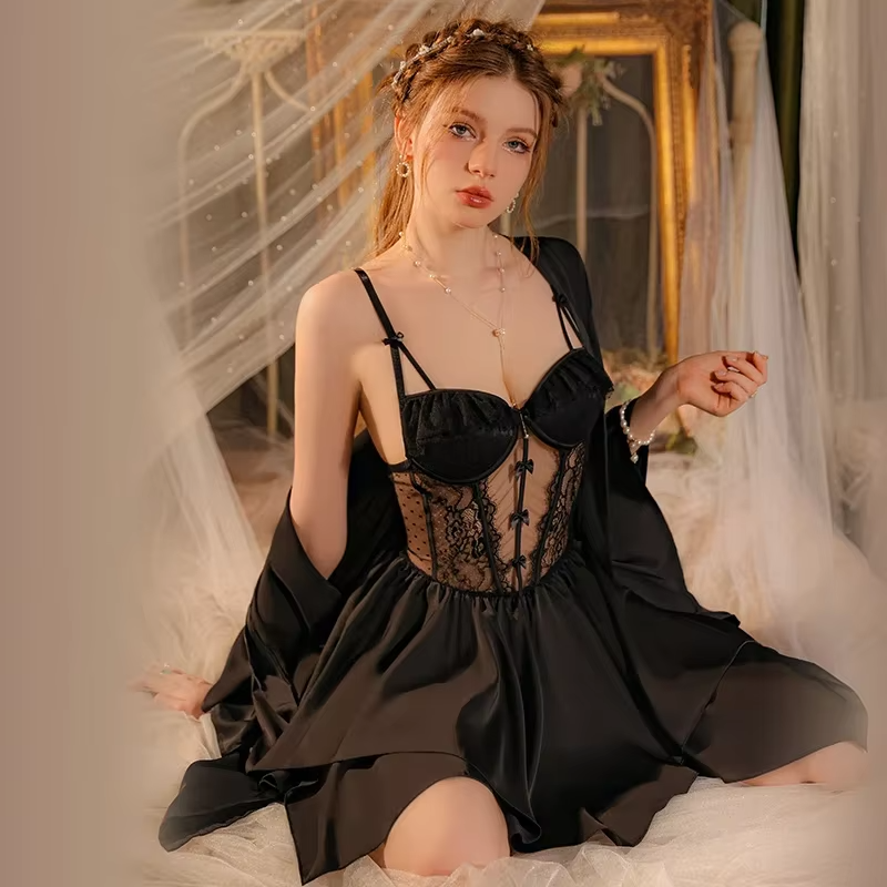 Satin Mini Night Dress Lower Back Nightgowns Robe Set