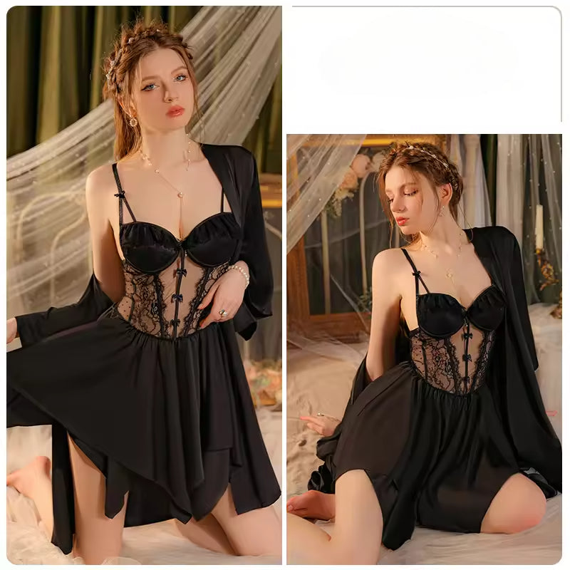 Satin Mini Night Dress Lower Back Nightgowns Robe Set