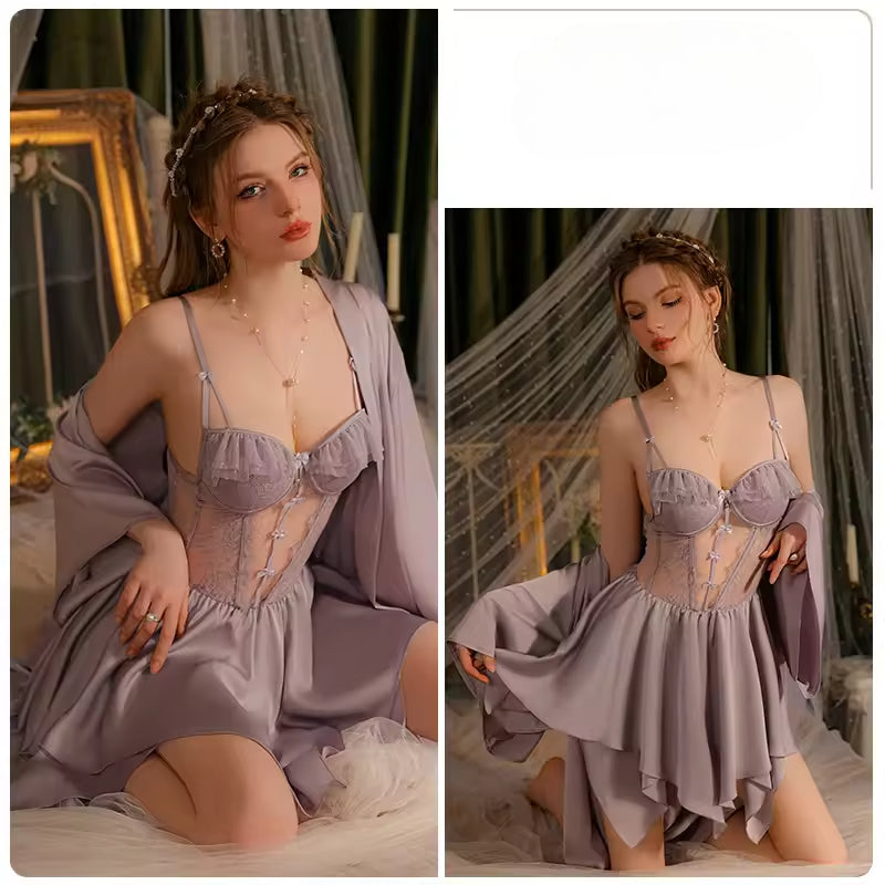 Satin Mini Night Dress Lower Back Nightgowns Robe Set