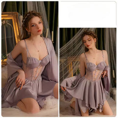 Satin Mini Night Dress Lower Back Nightgowns Robe Set