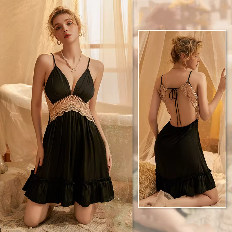 Sleep Satin Suit V-Neck Nightwear Lace Robe and Nightgown set