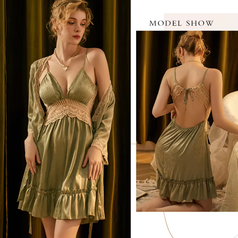 Sleep Satin Suit V-Neck Nightwear Lace Robe and Nightgown set