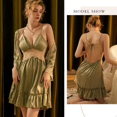 Sleep Satin Suit V-Neck Nightwear Lace Robe and Nightgown set