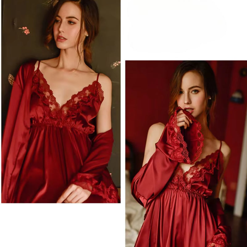 Lace openwork ice silk sling V-neck halter robe and nightdress set