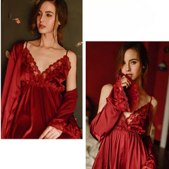 Lace openwork ice silk sling V-neck halter robe and nightdress set