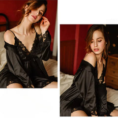 Lace openwork ice silk sling V-neck halter robe and nightdress set