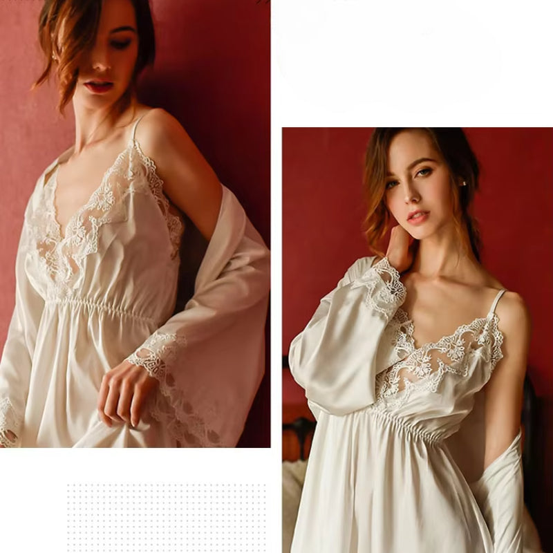 Lace openwork ice silk sling V-neck halter robe and nightdress set