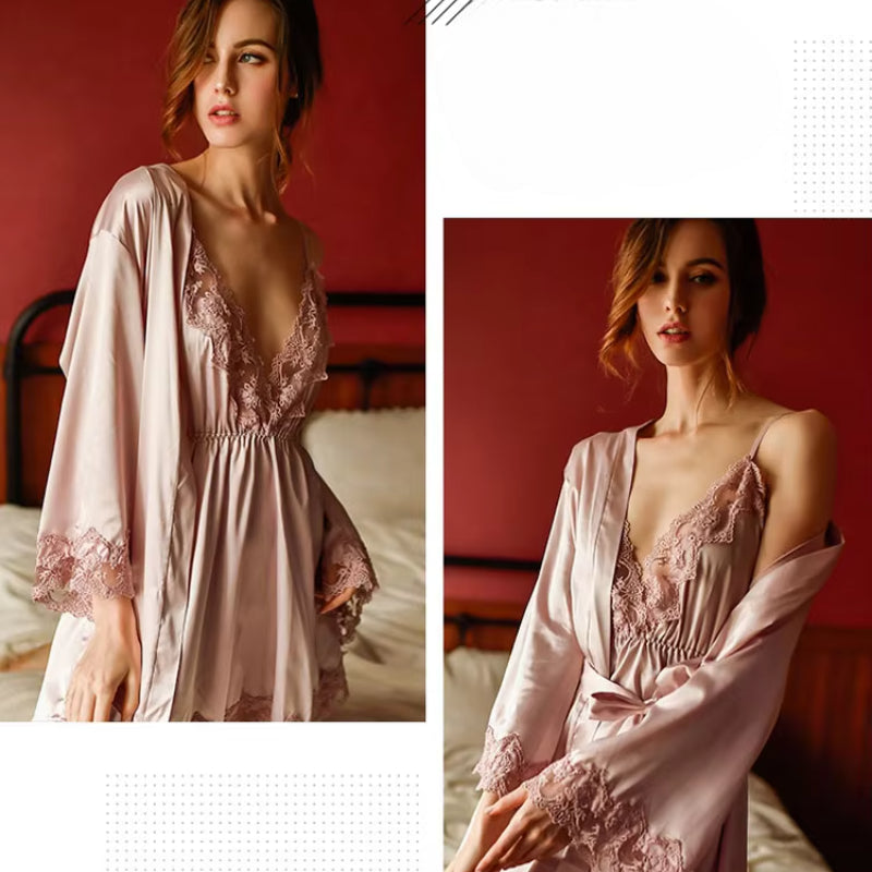 Lace openwork ice silk sling V-neck halter robe and nightdress set