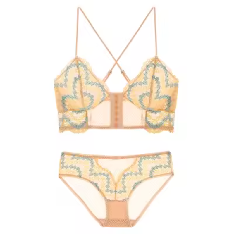 Lace Floral Embroidery Back Slim Front Buckle Wire Free bra and brief sets