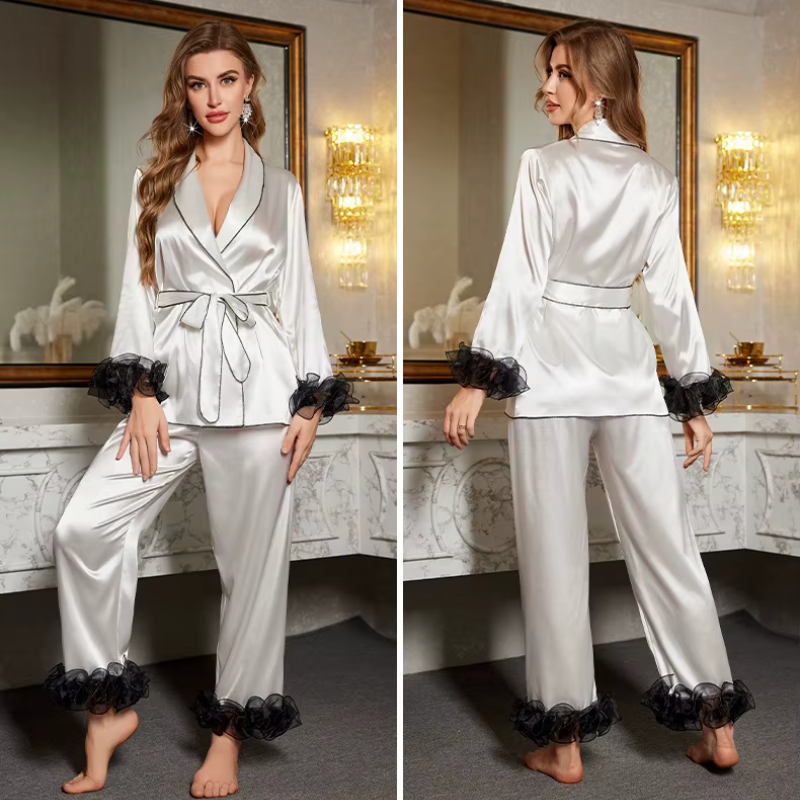 Short Robe Cardigan Trouser Suit Pajamas Set