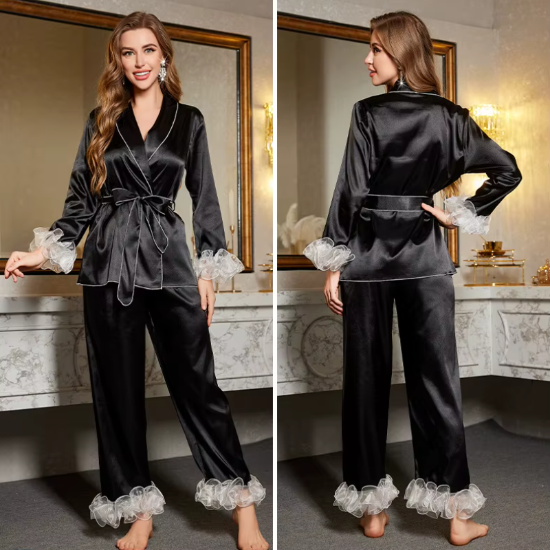 Short Robe Cardigan Trouser Suit Pajamas Set